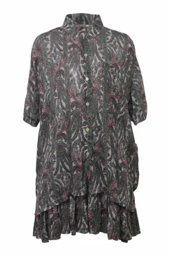 Green cotton-blend paisley print two-piece set with short sleeve shirt and drop-waist ruffle skirt