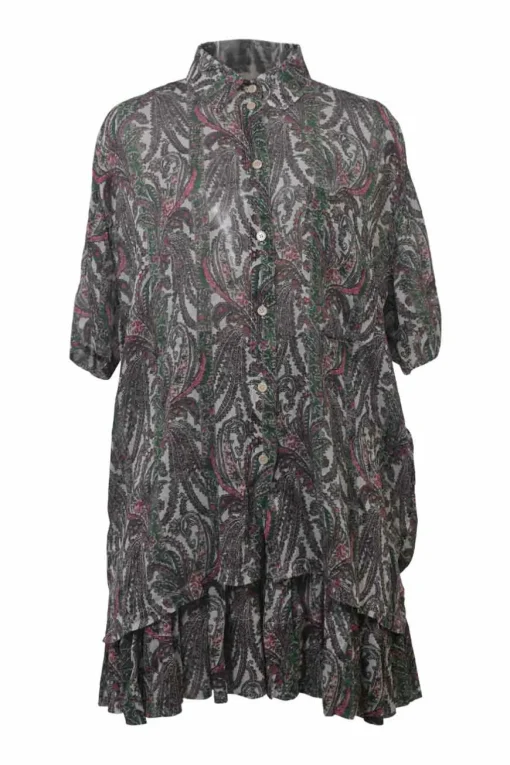 Green cotton-blend paisley print two-piece set with short sleeve shirt and drop-waist ruffle skirt