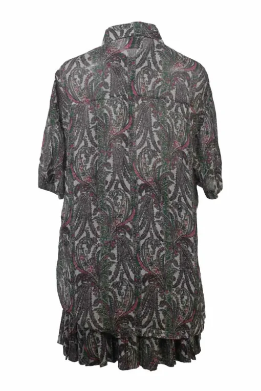 Green cotton-blend paisley print two-piece set with short sleeve shirt and drop-waist ruffle skirt