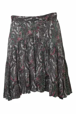Green cotton-blend paisley print two-piece set with short sleeve shirt and drop-waist ruffle skirt