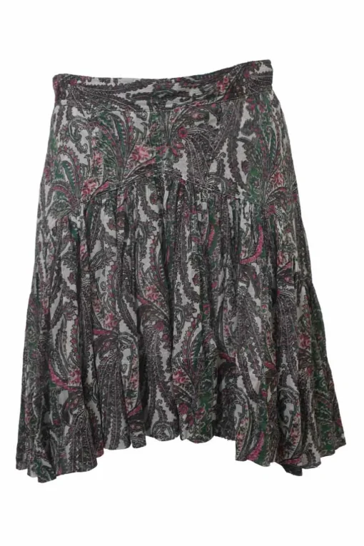 Green cotton-blend paisley print two-piece set with short sleeve shirt and drop-waist ruffle skirt