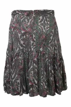 Green cotton-blend paisley print two-piece set with short sleeve shirt and drop-waist ruffle skirt