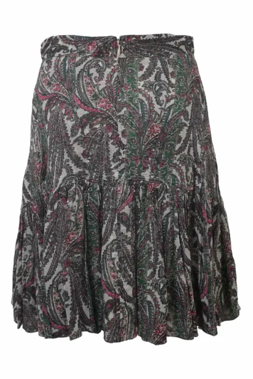 Green cotton-blend paisley print two-piece set with short sleeve shirt and drop-waist ruffle skirt