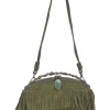 Green fringe suede purse with bent metallic bamboo handle and jade pendant