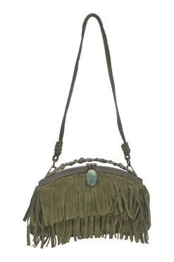 Green fringe suede purse with bent metallic bamboo handle and jade pendant