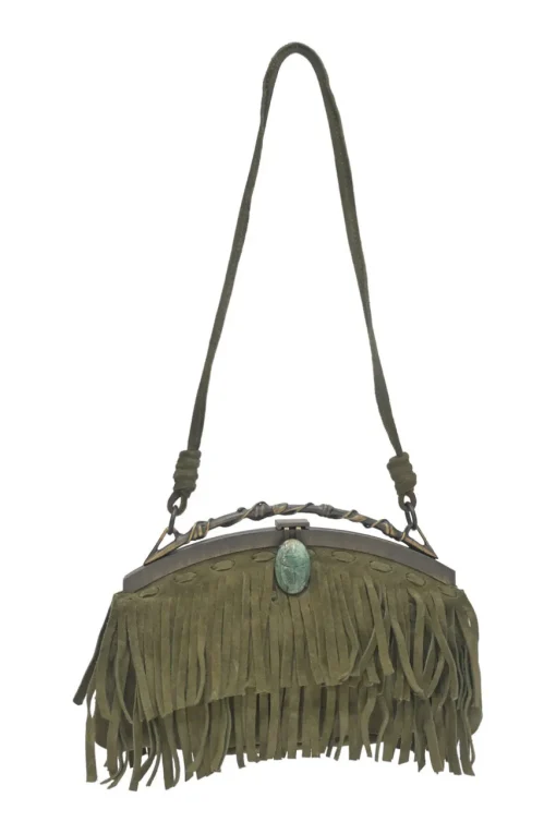 Green fringe suede purse with bent metallic bamboo handle and jade pendant