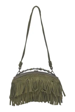 Green fringe suede purse with bent metallic bamboo handle and jade pendant