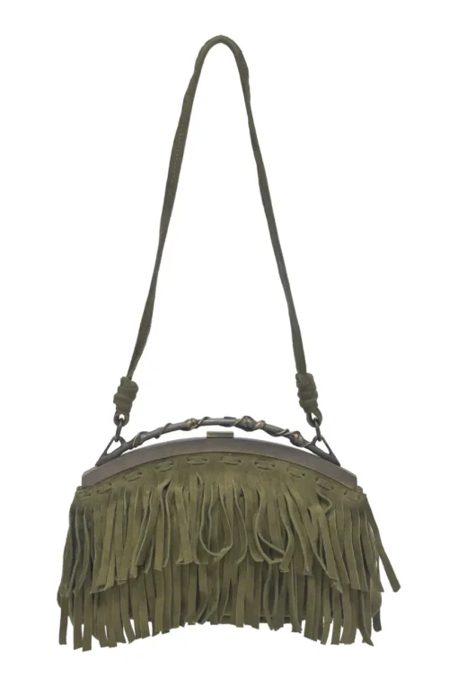 Green fringe suede purse with bent metallic bamboo handle and jade pendant