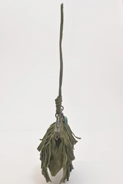 Green fringe suede purse with bent metallic bamboo handle and jade pendant