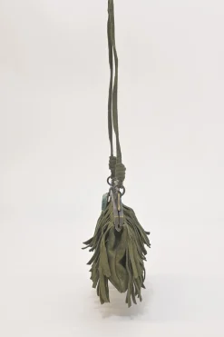 Green fringe suede purse with bent metallic bamboo handle and jade pendant