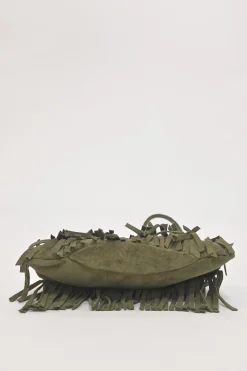 Green fringe suede purse with bent metallic bamboo handle and jade pendant