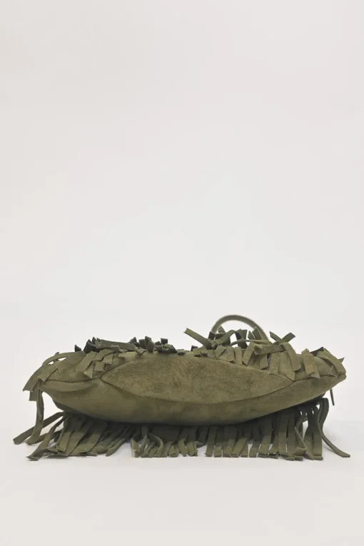 Green fringe suede purse with bent metallic bamboo handle and jade pendant