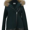 Green fur-trimmed wool-blend wrap-front zip-up swing-style biker peacoat with leather hem insert