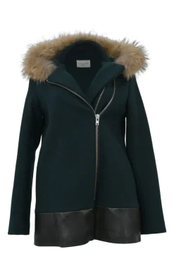 Green fur-trimmed wool-blend wrap-front zip-up swing-style biker peacoat with leather hem insert