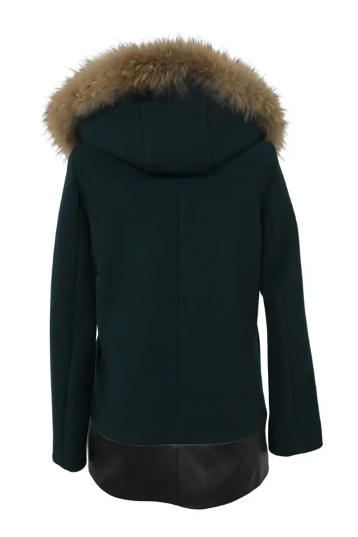 Green fur-trimmed wool-blend wrap-front zip-up swing-style biker peacoat with leather hem insert