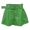 Green lambskin leather pleat-front belted wide-leg shorts