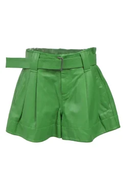 Green lambskin leather pleat-front belted wide-leg shorts