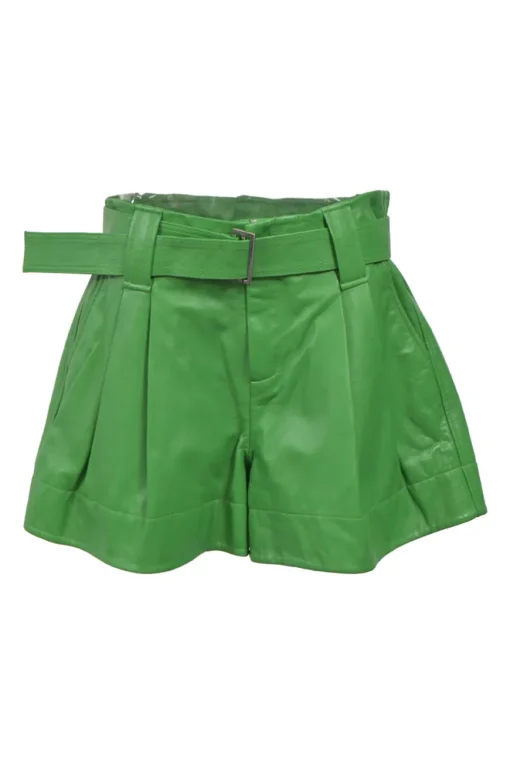 Green lambskin leather pleat-front belted wide-leg shorts