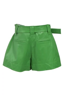 Green lambskin leather pleat-front belted wide-leg shorts