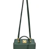 Green leather Grace top handle box purse with gold-plated brass hardware and detachable shoulder strap