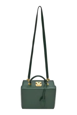 Green leather Grace top handle box purse with gold-plated brass hardware and detachable shoulder strap