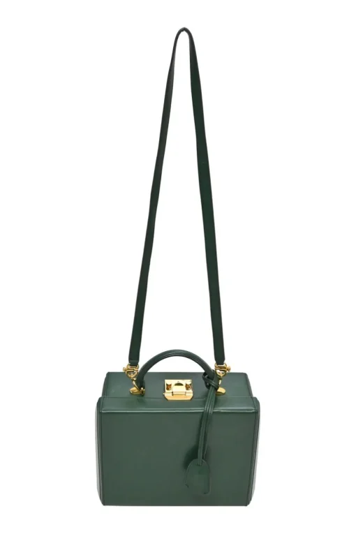 Green leather Grace top handle box purse with gold-plated brass hardware and detachable shoulder strap