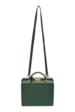 Green leather Grace top handle box purse with gold-plated brass hardware and detachable shoulder strap