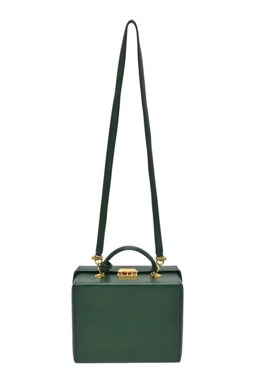 Green leather Grace top handle box purse with gold-plated brass hardware and detachable shoulder strap