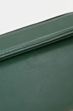 Green leather Grace top handle box purse with gold-plated brass hardware and detachable shoulder strap