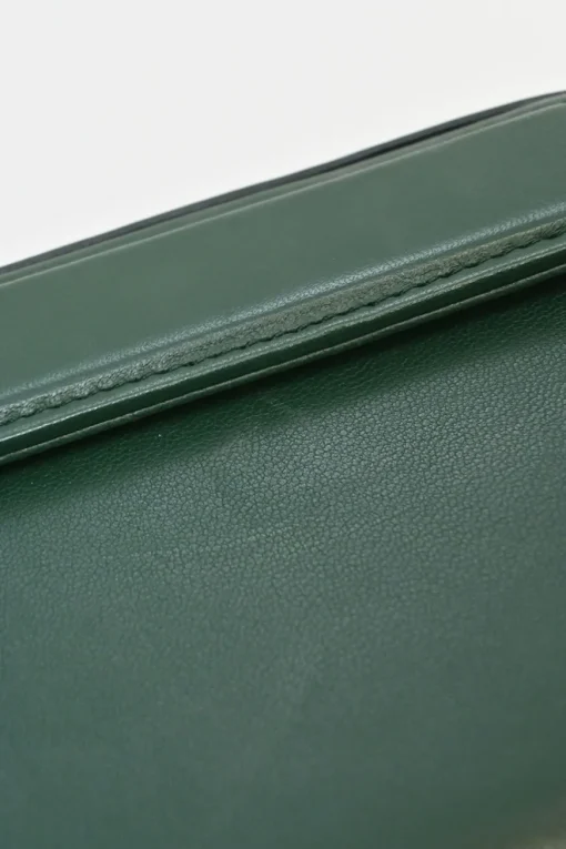 Green leather Grace top handle box purse with gold-plated brass hardware and detachable shoulder strap