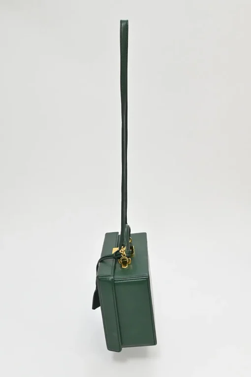 Green leather Grace top handle box purse with gold-plated brass hardware and detachable shoulder strap