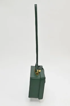 Green leather Grace top handle box purse with gold-plated brass hardware and detachable shoulder strap