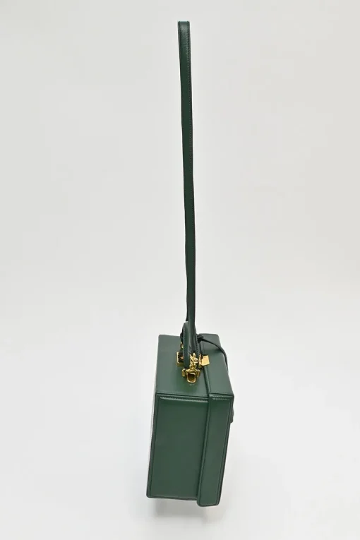Green leather Grace top handle box purse with gold-plated brass hardware and detachable shoulder strap