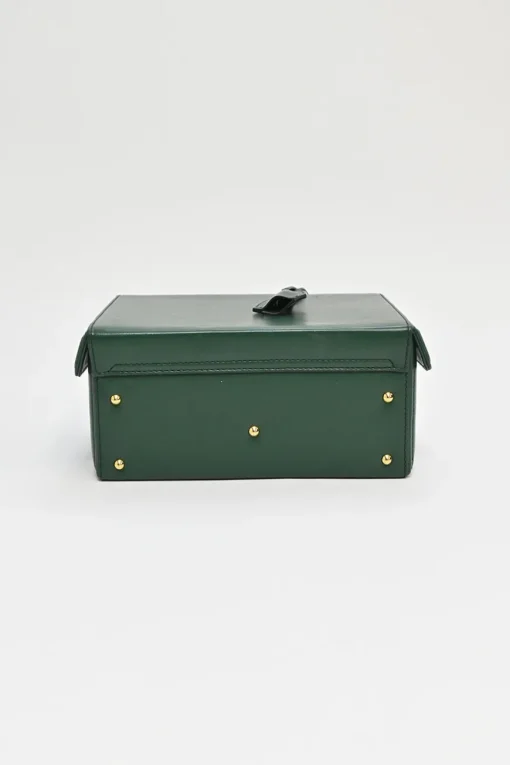 Green leather Grace top handle box purse with gold-plated brass hardware and detachable shoulder strap