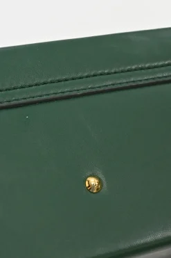 Green leather Grace top handle box purse with gold-plated brass hardware and detachable shoulder strap