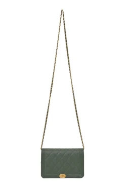 Green matelassé caviar goatskin Boy wallet on chain with gold-finish metallic hardware