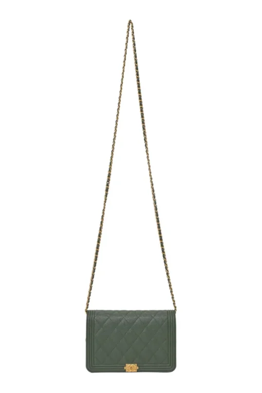 Green matelassé caviar goatskin Boy wallet on chain with gold-finish metallic hardware