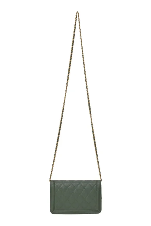 Green matelassé caviar goatskin Boy wallet on chain with gold-finish metallic hardware