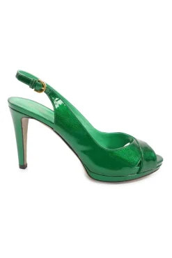 Green metallic leather criss-cross peep-toe slingback platform pumps with adjustable buckle ankle straps