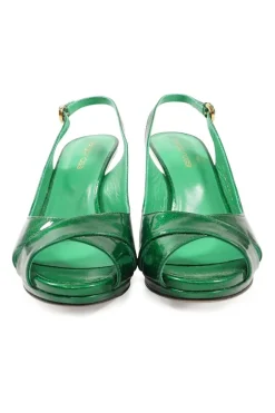 Green metallic leather criss-cross peep-toe slingback platform pumps with adjustable buckle ankle straps