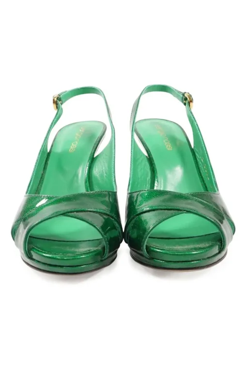 Green metallic leather criss-cross peep-toe slingback platform pumps with adjustable buckle ankle straps
