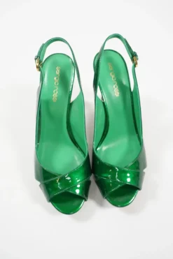 Green metallic leather criss-cross peep-toe slingback platform pumps with adjustable buckle ankle straps