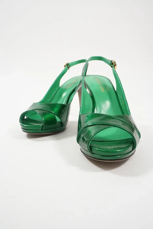 Green metallic leather criss-cross peep-toe slingback platform pumps with adjustable buckle ankle straps