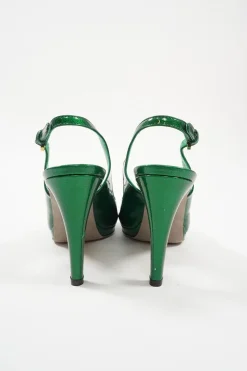 Green metallic leather criss-cross peep-toe slingback platform pumps with adjustable buckle ankle straps