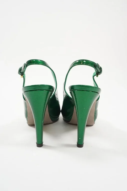 Green metallic leather criss-cross peep-toe slingback platform pumps with adjustable buckle ankle straps
