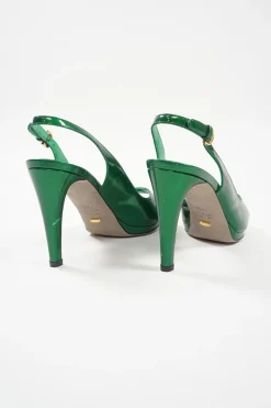 Green metallic leather criss-cross peep-toe slingback platform pumps with adjustable buckle ankle straps