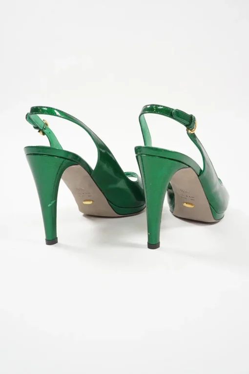 Green metallic leather criss-cross peep-toe slingback platform pumps with adjustable buckle ankle straps