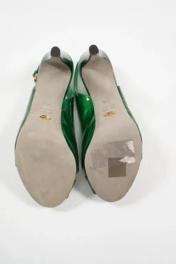 Green metallic leather criss-cross peep-toe slingback platform pumps with adjustable buckle ankle straps