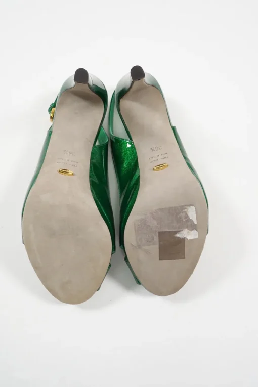 Green metallic leather criss-cross peep-toe slingback platform pumps with adjustable buckle ankle straps