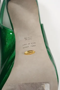 Green metallic leather criss-cross peep-toe slingback platform pumps with adjustable buckle ankle straps